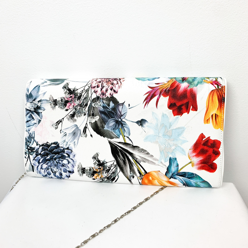 NWT White & Bright Floral Shoulder Bag with Silver Chain Strap - Picture 7 of 13